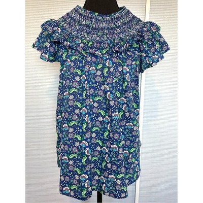 LOFT Blue Garden Floral Cotton Blouse Smock Ruffle Neck Flutter Cap Sleeve Large