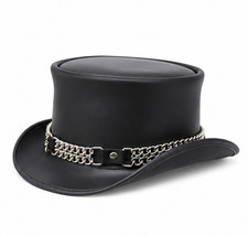 Gothic Hat Black Leather Skull Chain Top Hat Steampunk Leather Hat