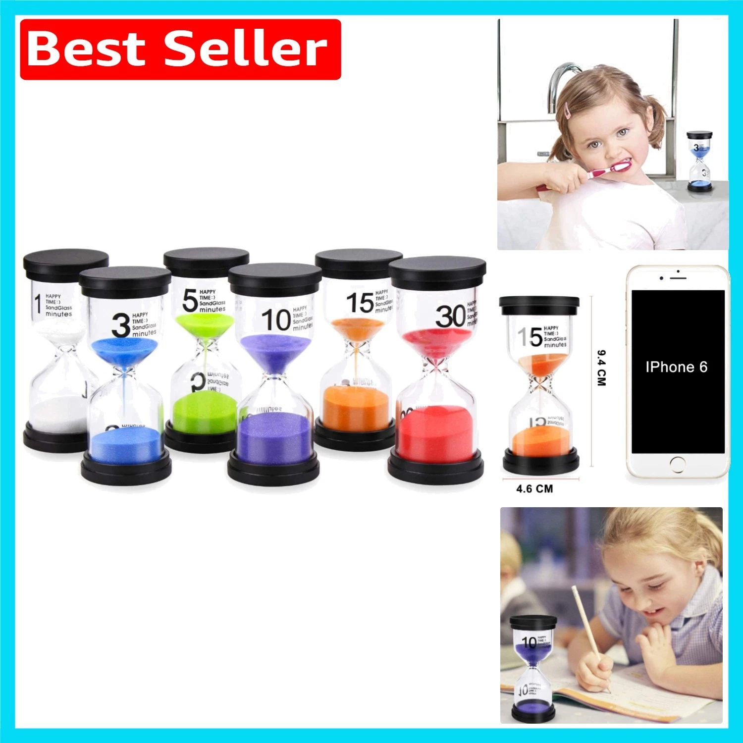Durable 6pcs Hourglass Sand Timers - 1 to 30 Minutes for Games & Teaching