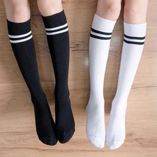Women Striped Cotton Long Socks Japanese JK Black White Knee High Stockings Stud