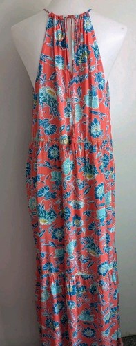 Maxi Vestido LOFT Playa L Cuello Halter Coral Floral Borla en Niveles Resort Crucero Usado en Excelente Condición - Imagen 4 de 13