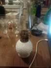 Vintage Hobnail milk glass oil lamp 8"