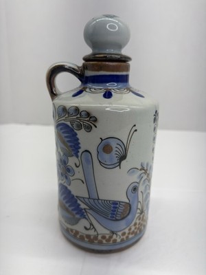 El Palomar Mexico Hand Painted Ceramic Decanter Bottle Cork Stopper Blue Bird