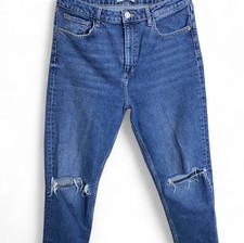NWOT Zara Jeans Women  s 12 Blue Classic Mom Fit Denim Jeans With Ripped Knees