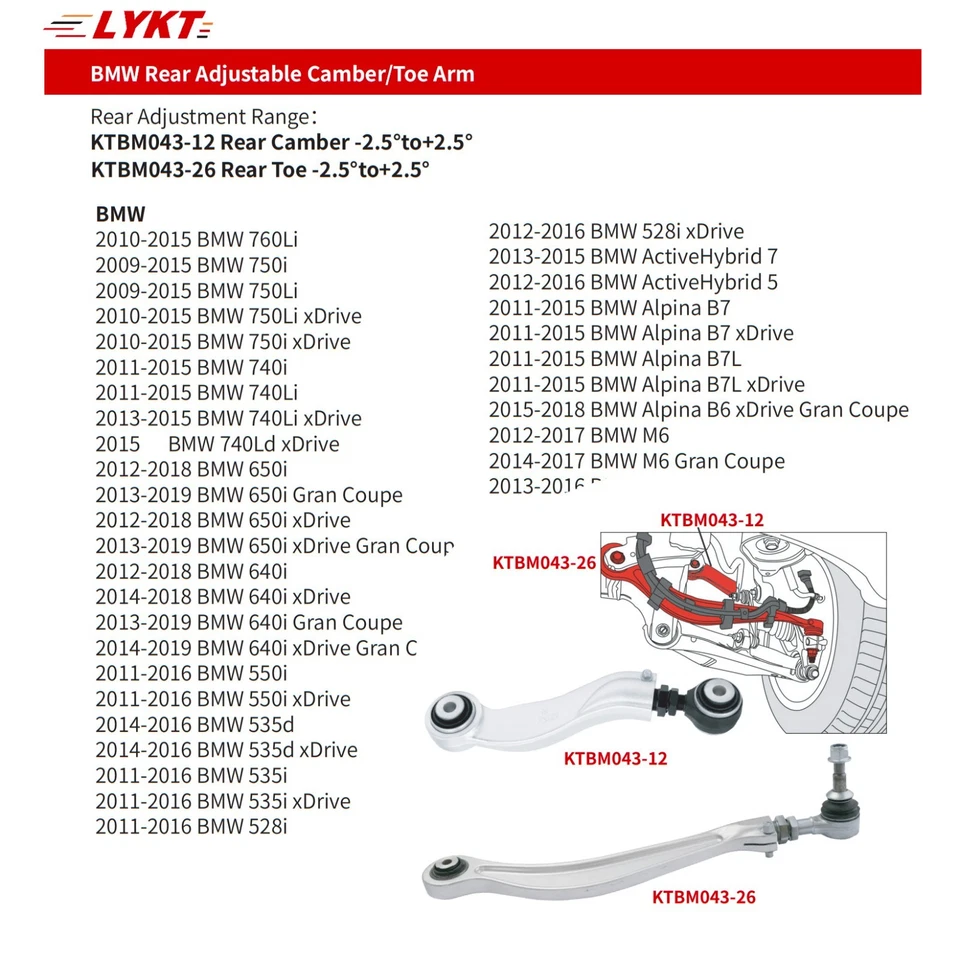 LYKT 4pcs Rear Adjustable Camber&Toe Control arms Kit for BMW 5~7series、M5、M6 - Изображение 2 из 4