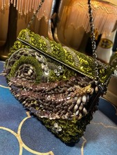 Vintage 60s Clutch Bag Hand beaded purple Floral Jewel Green Silver bead sequin