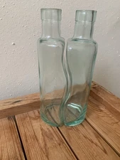 Wavy Back To back Green Glass Bottles, Set Of 2