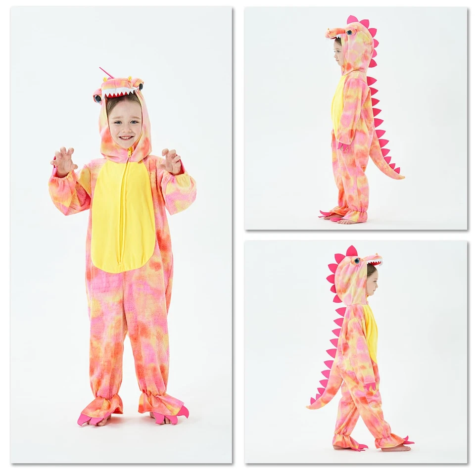 Niños T-Rex Dinosaurio Disfraz Mameluco con Capucha Mono Vestido Elegante S/100, Rosa Foto 2 de 4