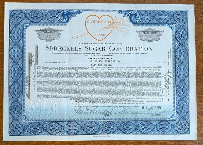 Rare 1929 Pre-Crash Spreckles Sugar Corporation Preferred Stock Certificate 1000