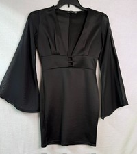 Boohoo Plunge Neck Bell Sleeve Mini Bodycon Dress Women's Size 4 Black Mesh