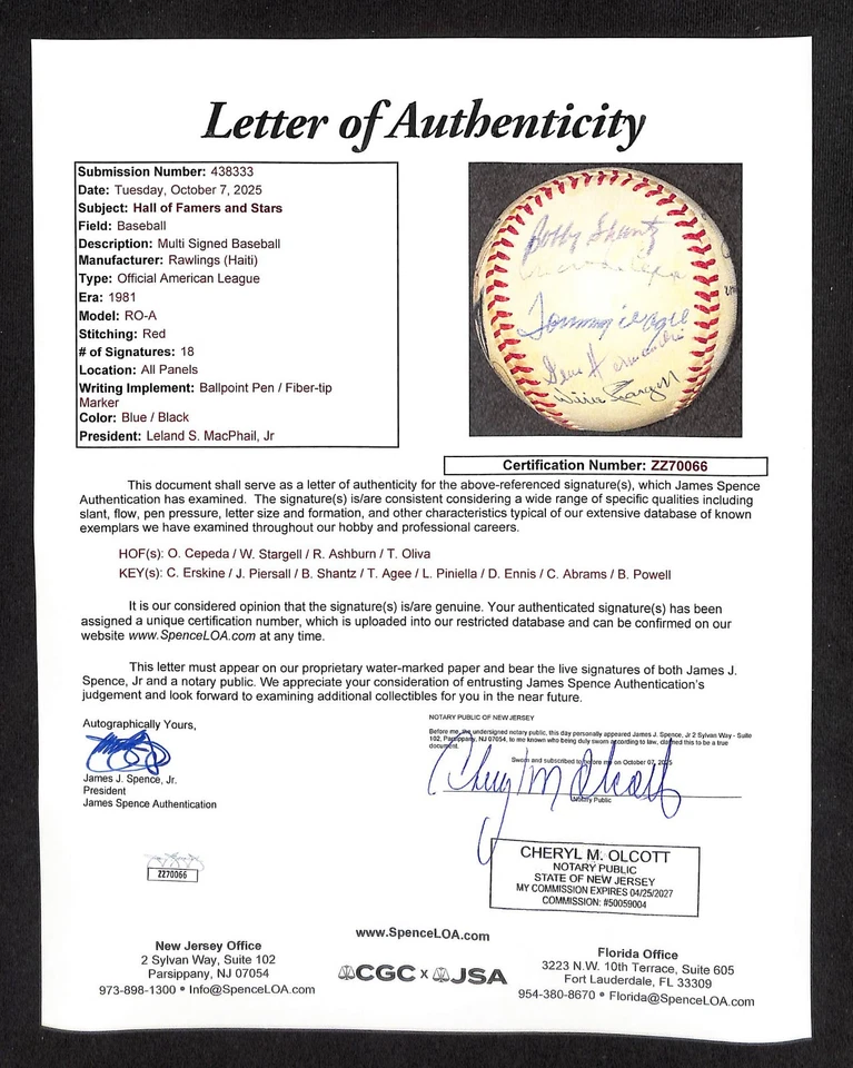 HOF - Multi Signed OAL Baseball 18 AUTOS JSA LOA Palmer, Oliva, Powell, Cepeda.. - Image 2 of 4