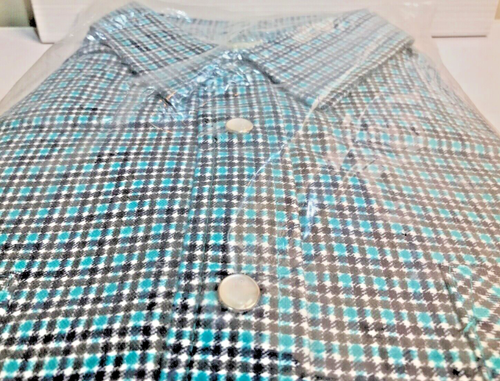 NEW Vtg 1970's Haband Rockabilly LS Med Shirt Turquoise Plaid Pearl Snap Western - Picture 6 of 6