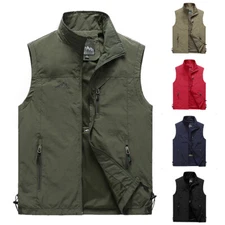 Mens With Pockets Zipper Vest Men Casual Sleeveless Sport Tops Mesh Lining M-4XL
