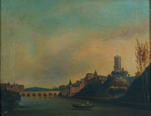 Tableau ancien paysage animé vue D'Albi promeneur sur les bords du Tarn 19 ème - Foto 4 di 11