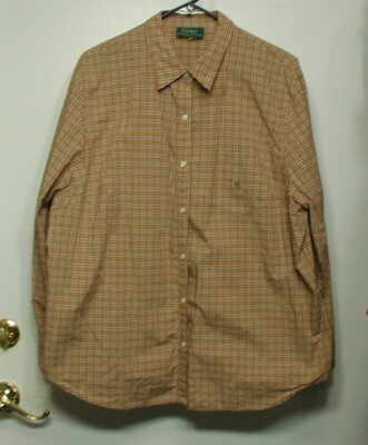 Women's 2X PLUS Oversized Lauren Ralph Lauren 100% Cotton Tan Plaid Button Shirt
