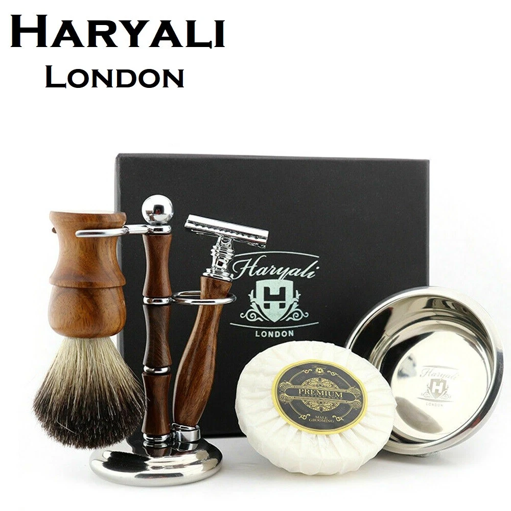 Wooden 5pc Shaving Kit with DE Safety Razor Badger Brush Stand Bowl Soap for men - Picture 1 of 21