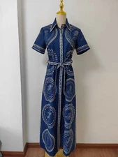 Alemais Oceane Linen Shirt dress blue Linen printed lapel tie dress women 2025