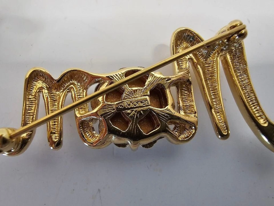 VTG Monet "Mom" Flower Brooch - Gold White Rhinestone - Image 4 of 4