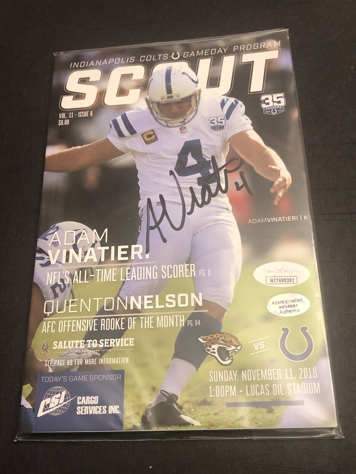 Adam Vinatieri Autographed Signed Indianapolis Colts JSA COLTS SCOUT PROGRAM ALL TIME LEADING SCORER COVER 392 