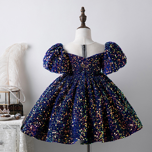 Princess Ceremony Girl Dresses Blue Sequins Frock Elegant Party Girl Dresses - Picture 3 of 17