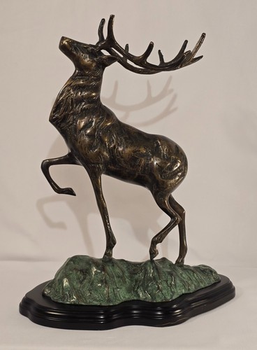 RARE Deer/Stag Bronze Statuette on Textured Ground & Wooden Base-Great Detail!