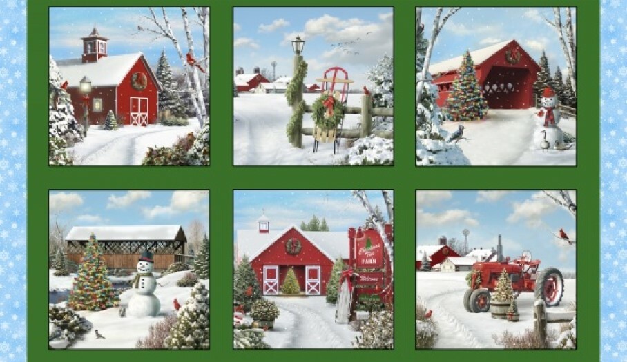 Tis The Season Cotton Quilting Panel Snowman Farm Winter Tractor Barn Green