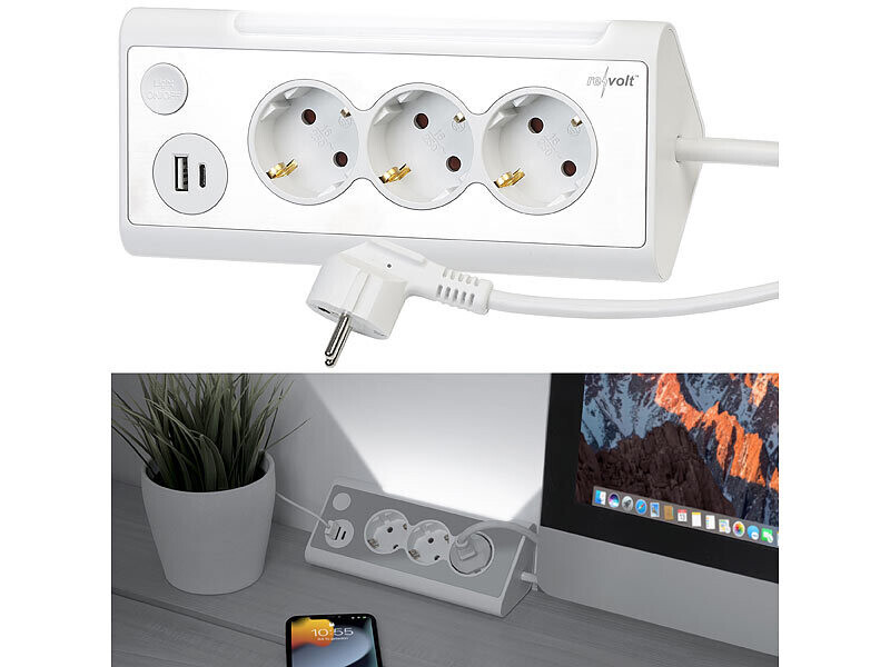 Multiprise 3 prises avec veilleuse LED automatique et double chargeur USB blanc