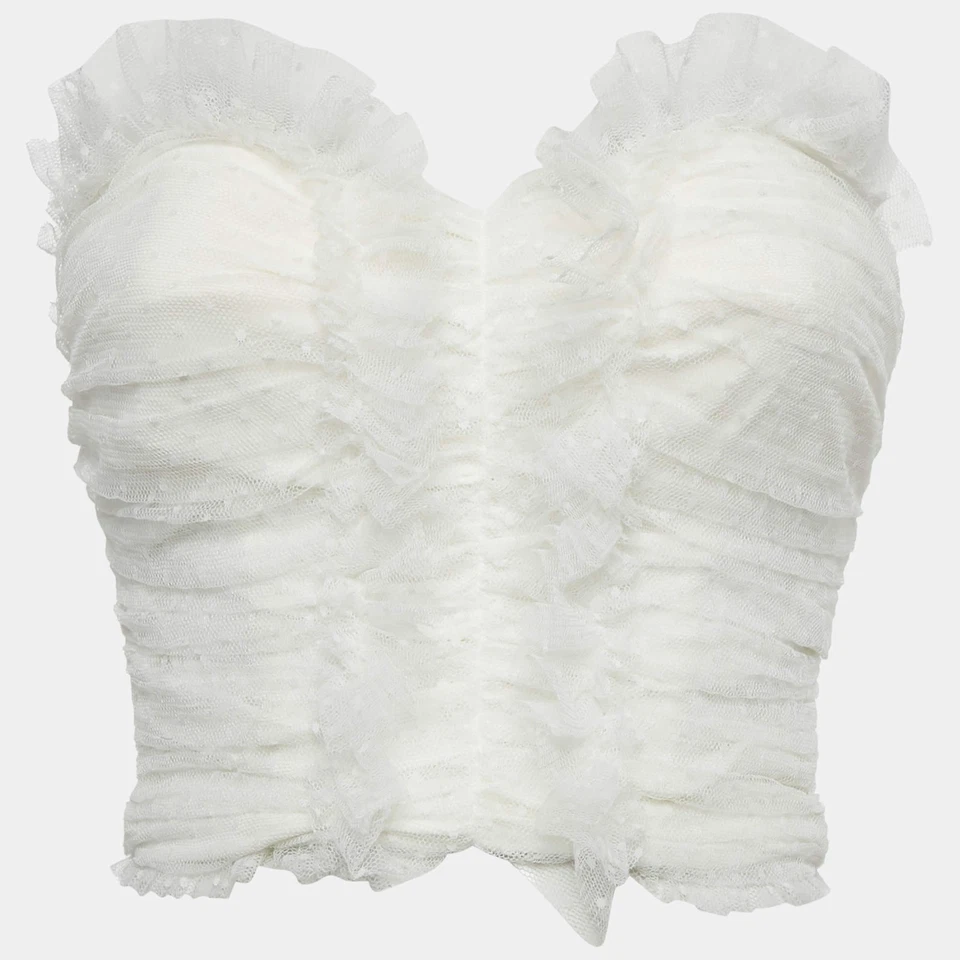 Top Elisabetta Franchi Blanco Punto Suizo Tul Volantes Sin Tirantes S