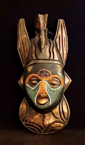 AFRICAN TRIBAL MASK Ghana PIER ONE Wooden Inlay Metal Beads 9.5” hand carved - 第 1/9 張圖片