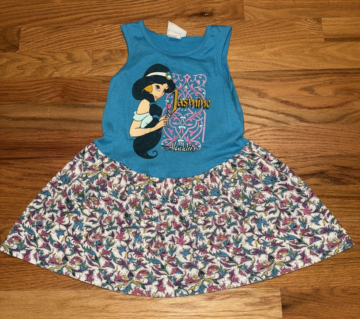 Vintage 90s Disney Aladdin Jasmine Girls Sz 5-6 T Shirt Dress Teal