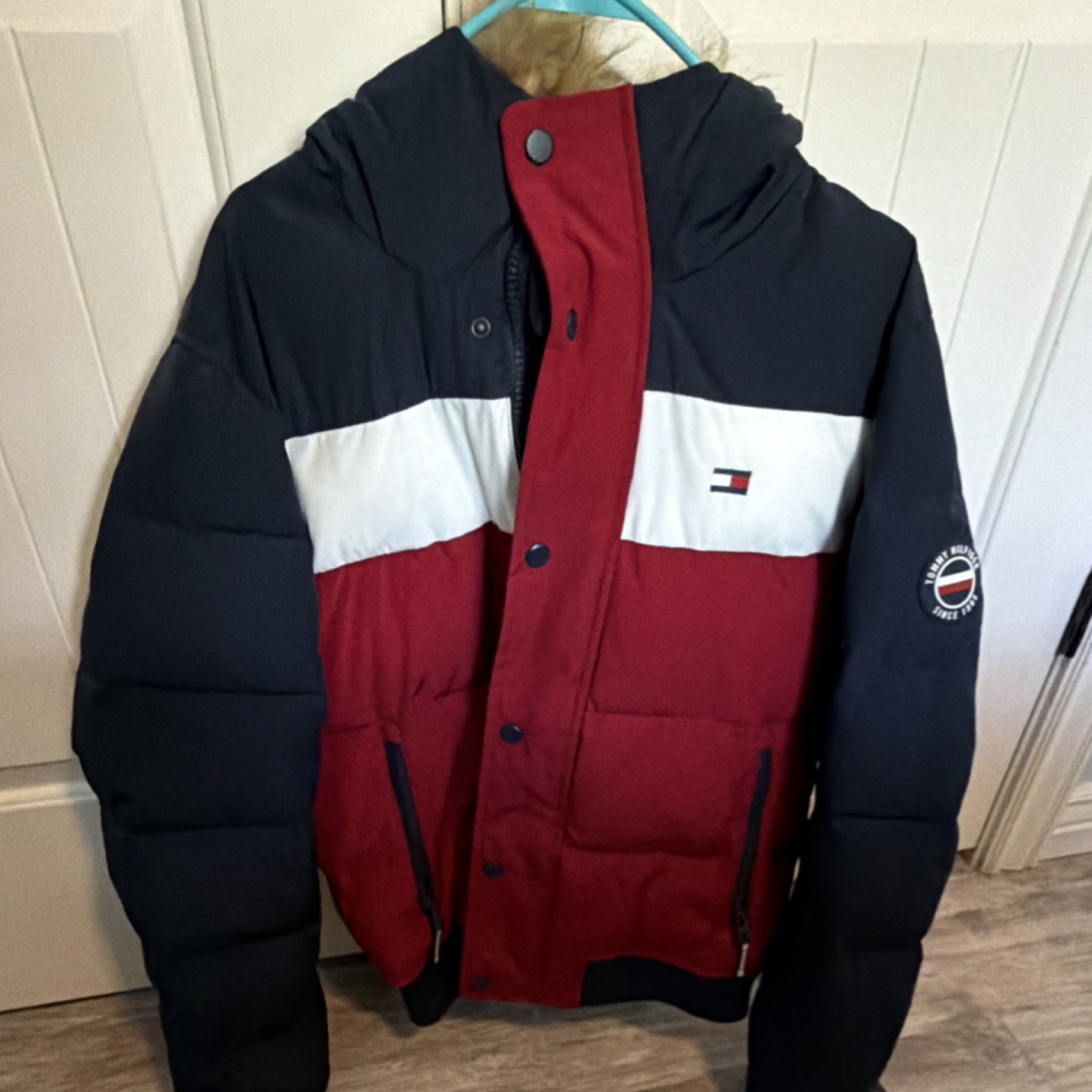 Red Black White Faux Fur Hood