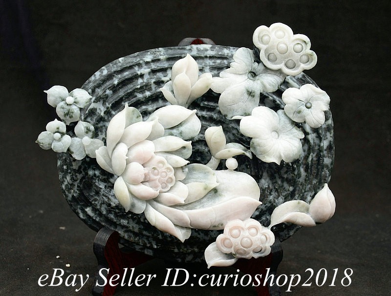 8.2" Chinese Natural Dushan Jade Carving Lotus Seed Flower Sculpture