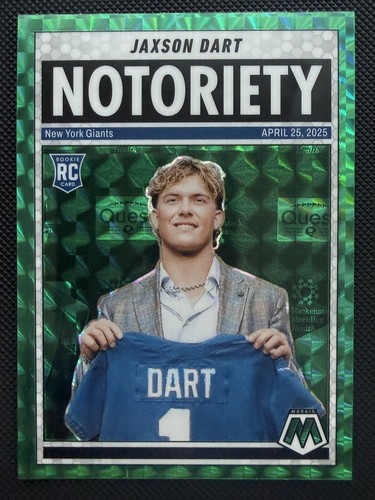 Jaxson Dart Green Mosaic Notoriety! 2025 Mosaic #11 RC, NY Giants, Ole Miss