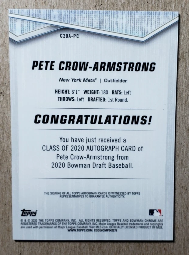 2020 Bowman Chrome Class of 2020 Pete Crow-Armstrong Auto /250 New York Mets - Image 2 of 2