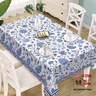 Blue White Rectangle Tablecloth 60 x 84 Inches, Vintage Floral Botanical Flower