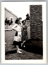 Vtg B&W Snapshot Two Women Outside Brick Home Summer Dresses 1950s