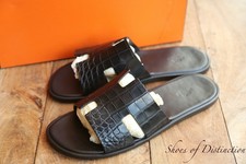 Hermes Izmir Black Crocodile  Leather Sandals Sliders Shoes Mens UK 12 RRP £6000