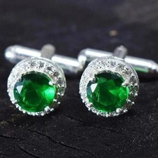 3Ct Round Lab-Created Green Emerald Men's Fancy Cufflinks 14K White Gold Plated