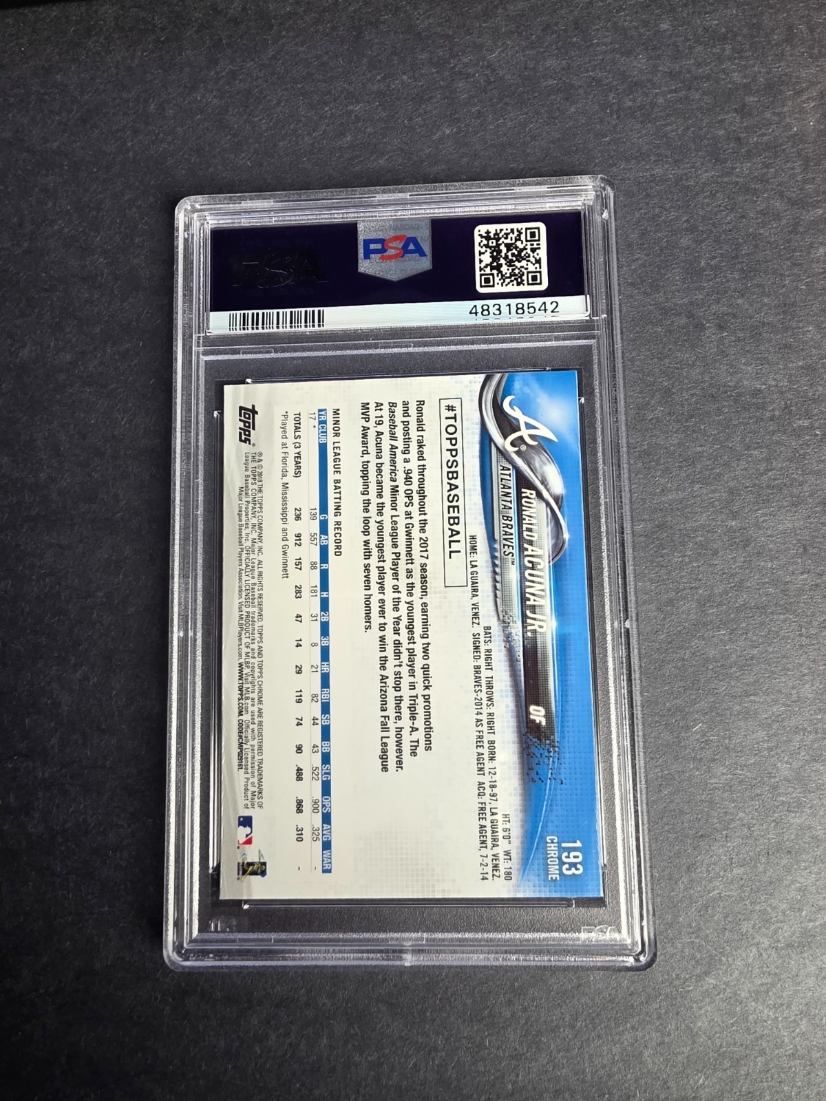 2018 Topps Chrome RONALD ACUNA JR #193 PSA GEM MINT 10 view 2