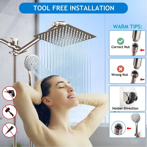 8" Rainfall Shower Head with Handheld Spray Combo High Pressure Adjustable Arm - Picture 8 of 9