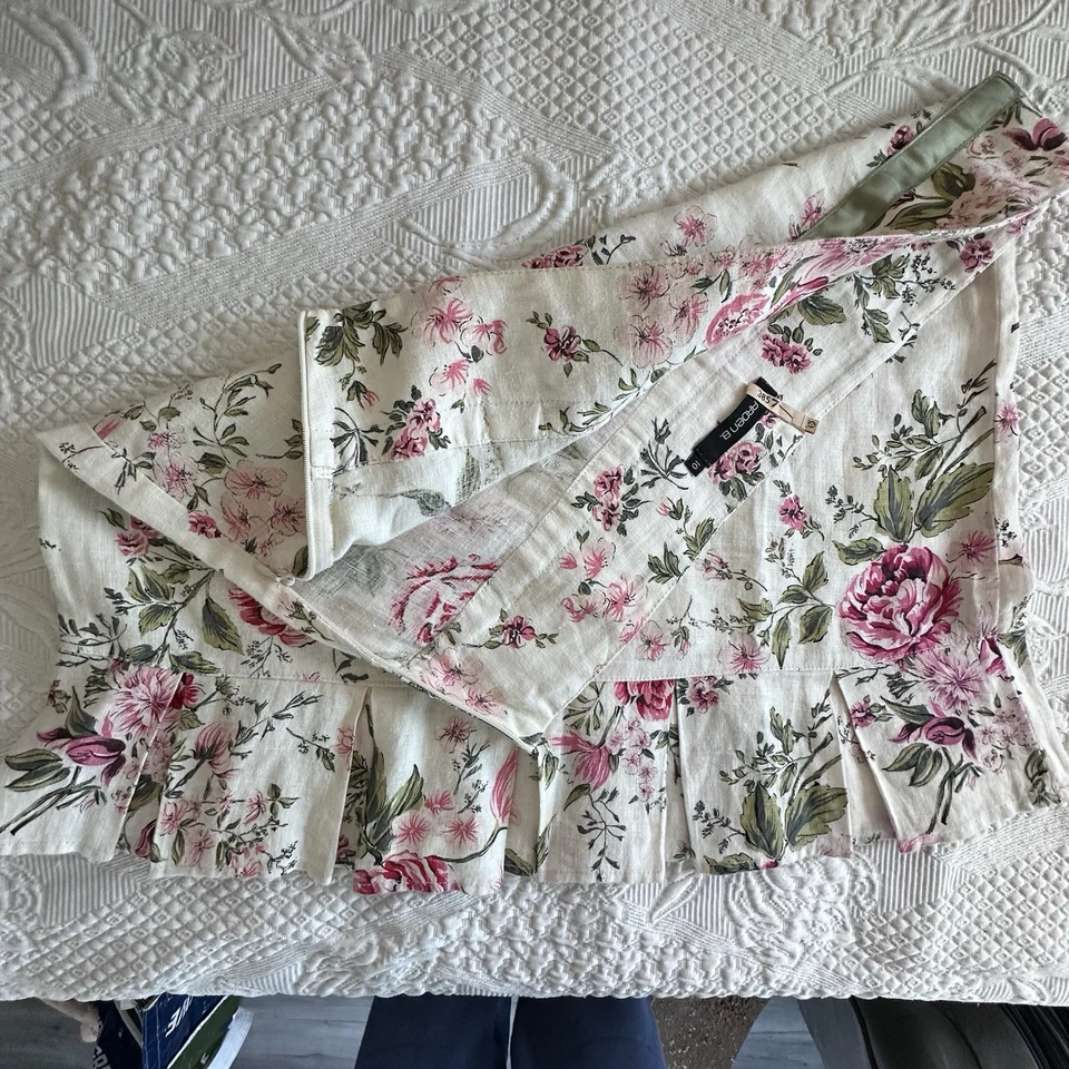 Falda De Colección ARDEN B. Lino Talla 10 Blanca Floral Cremallera Lateral Hasta la Rodilla Dobladillo Plisado Foto 4 de 4