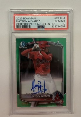 2025 Bowman Hayden Alvarez Chrome Auto Green Refractor 1st #/99 Angels PSA 10