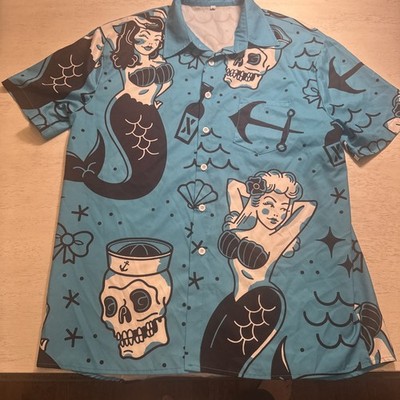 Mermaid Skull Anchor Tattoo Retro Print Hawaiian Teal & Black Men s Medium Shirt