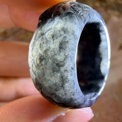 Natural Jadeite Coiled Dragon Thumb Ring Jet Black USA.Size 8.0 #50373
