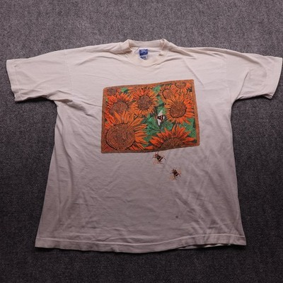 Men's Vintage T-Shirt White XL Cotton Sunflowers Bees Graphic 90s Nature