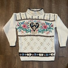 Beldoch Popper vintage Pullover Sweater embellished Floral Heart cotton ramie M