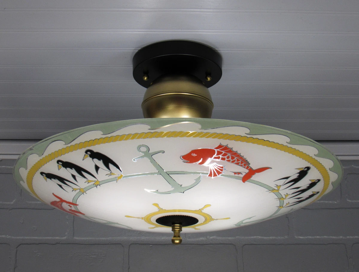 Vintage 1940 S Retro Mcm Nautical Glass Ceiling Light 18 D 10 5 L Koi Fish