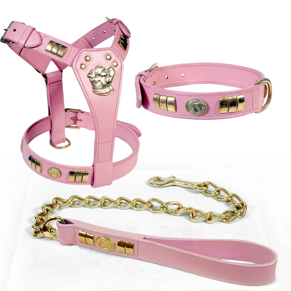 LEATHER DOG HARNESS (DOG MOTIFF)* COLLAR & CHAIN LEAD COMBINE SET BRASS FITTINGS - Image 3 of 4