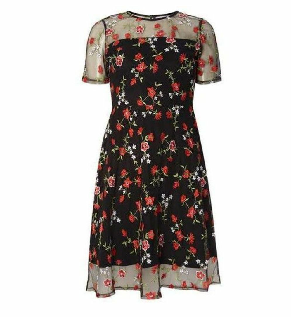 NEW Dorothy Perkins Floral Embroidered Fit And Flare Dress Size/US10 Black  | eBay