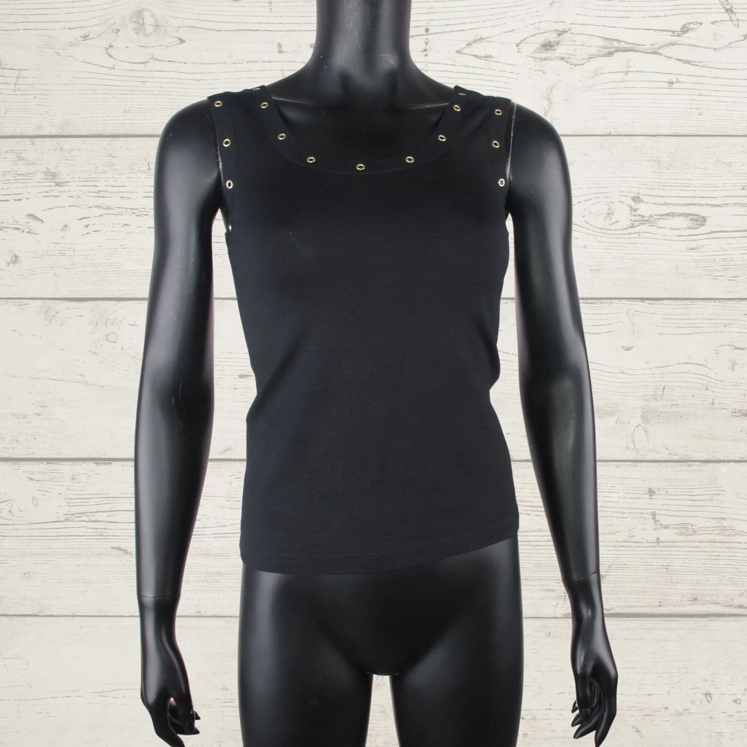 LE TRICOT LONGHIN Metal Rings Rock Women's Black Stretch Tank Top Vest Strappy S